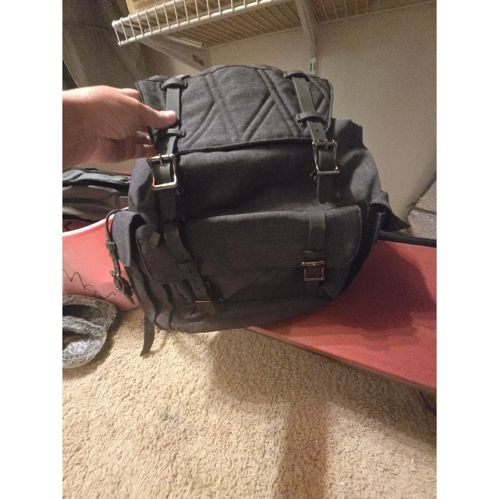 Charcoal Grey Canvas Rucksack Backpack with Teal Lining‎ and Laptop Sleeve.